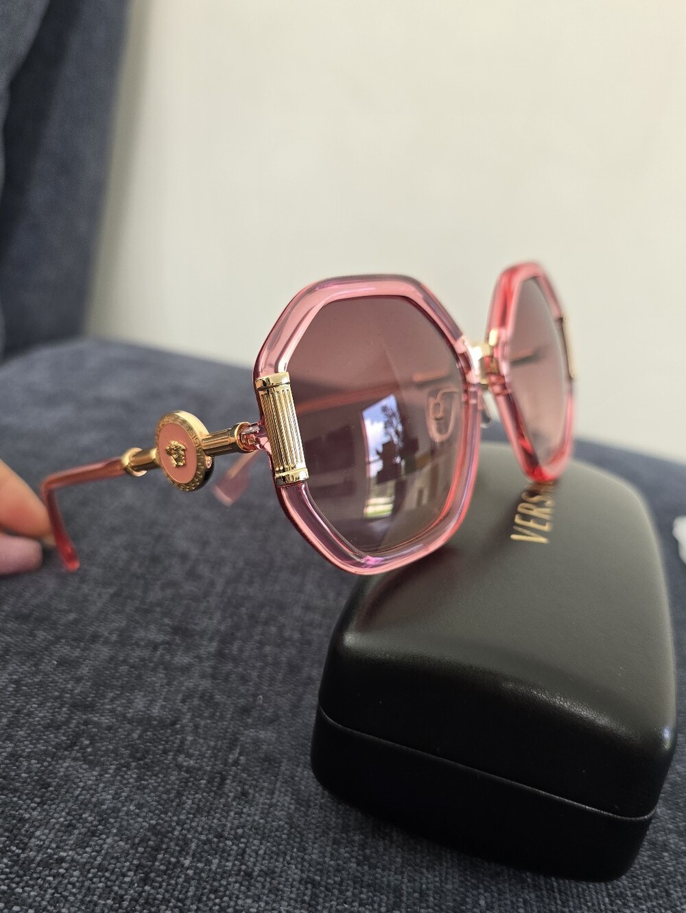 Versace Ve4413 Pink Hexagonal Sunglasses with Gold Accents